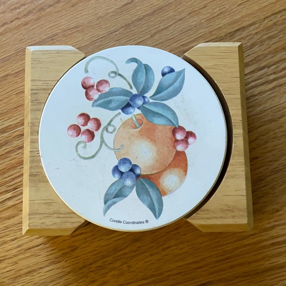 Corelle (Abundance) coasters in wood holder w/Gemco matching glass sugar bowl - Picture 3 of 16